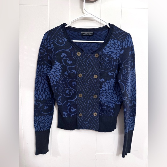 Peruvian Connection Blue Floral Double Button Pima Cotton Cardigan Sweater Small - Picture 5 of 9